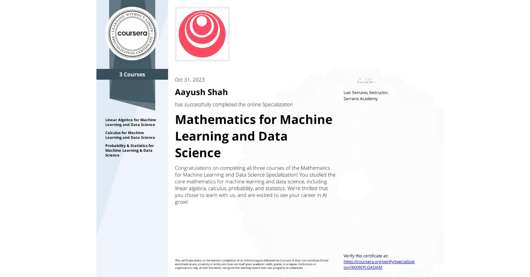 Mathematics for ML & Data Science