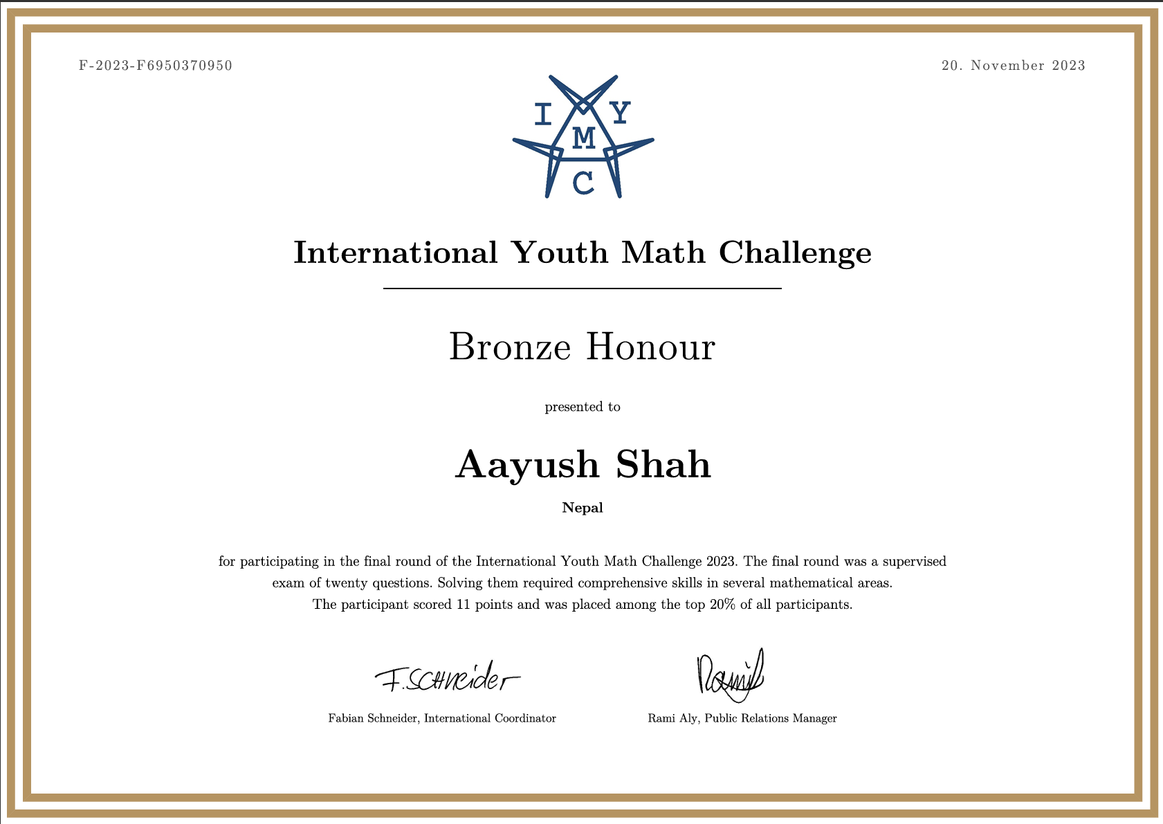 Bronze Honour — IYMC